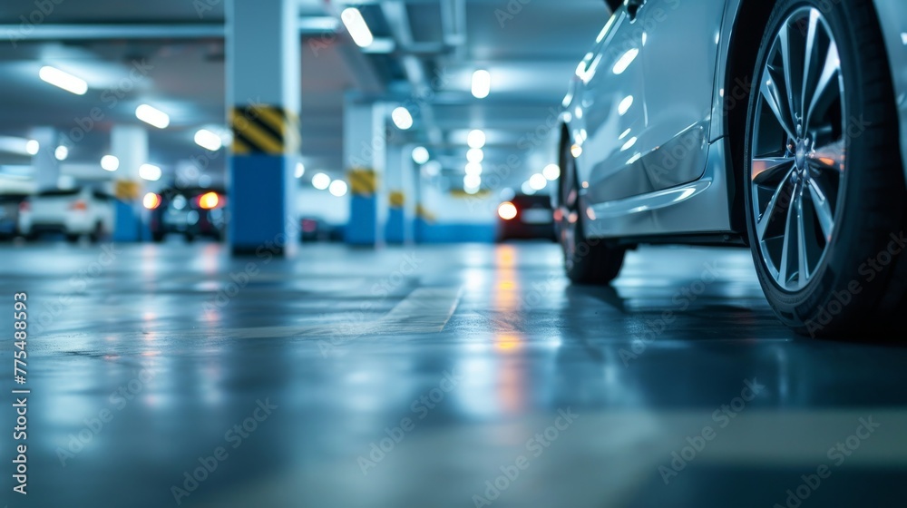modern car in Indoor full modern parking lot, blurry images of cars parked, Generative AI