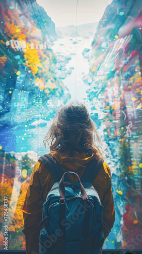A woman wearing a yellow jacket and backpack stands in front of a wall of buildings. The image has a dreamy, surreal quality to it, with the woman appearing to be looking through a window or a tunnel