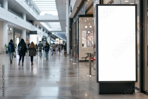 A large white billboard is in a shopping mall with people walking by, Generative AI