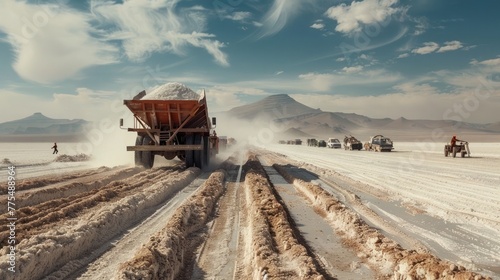 Desert Salt Flat Workers Harvesting: Valuable Mineral Production in a Stark Landscape photo