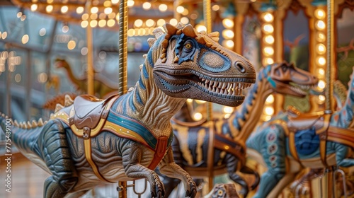 Dinosaur Discovery Carousel, Prehistoricthemed with dinosaurs and fossil decorations, closeup, Dreamy style