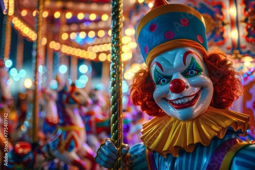 Circus Parade Carousel, Colorful circus animals and clowns with bright lights, closeup, Dreamy style