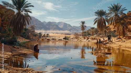 Desert Oasis Mining Expedition: Nomadic Prospectors Panning for Gold in a Secluded Saharan Haven photo
