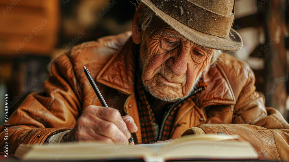 Fototapeta premium An old man wearing a hat is writing in a leather bound book. He is using a black pen
