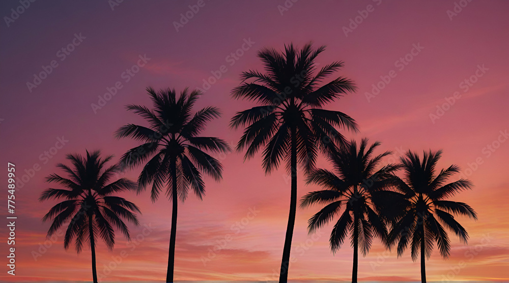 Wide-format tropical sunset with radiant palm silhouettes against a gradient sky of pink and blue hues.generative.ai