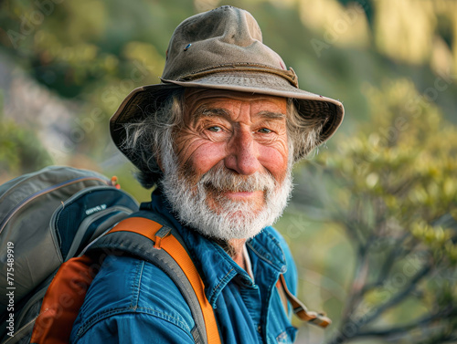 A man with a hat and a backpack is smiling. He looks happy and content. Concept of adventure and enjoyment of the outdoors