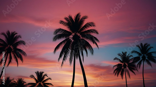 Wide-format tropical sunset with radiant palm silhouettes against a gradient sky of pink and blue hues.generative.ai © Neelam