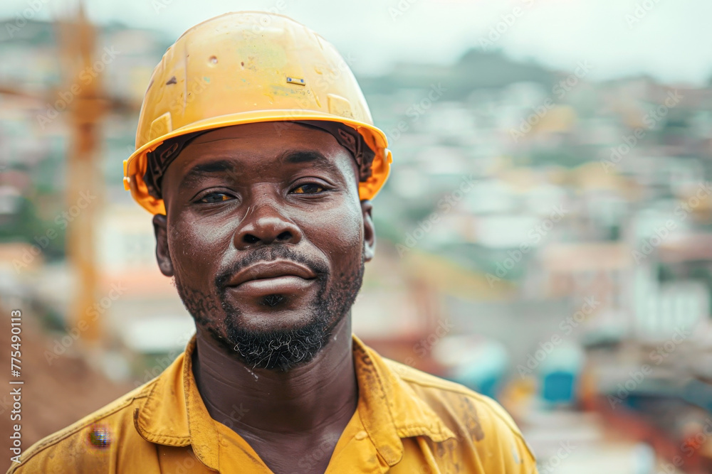 A man wearing a yellow shirt and a yellow hard hat is smiling A man wearing a yellow shirt and a yellow hard hat is smiling