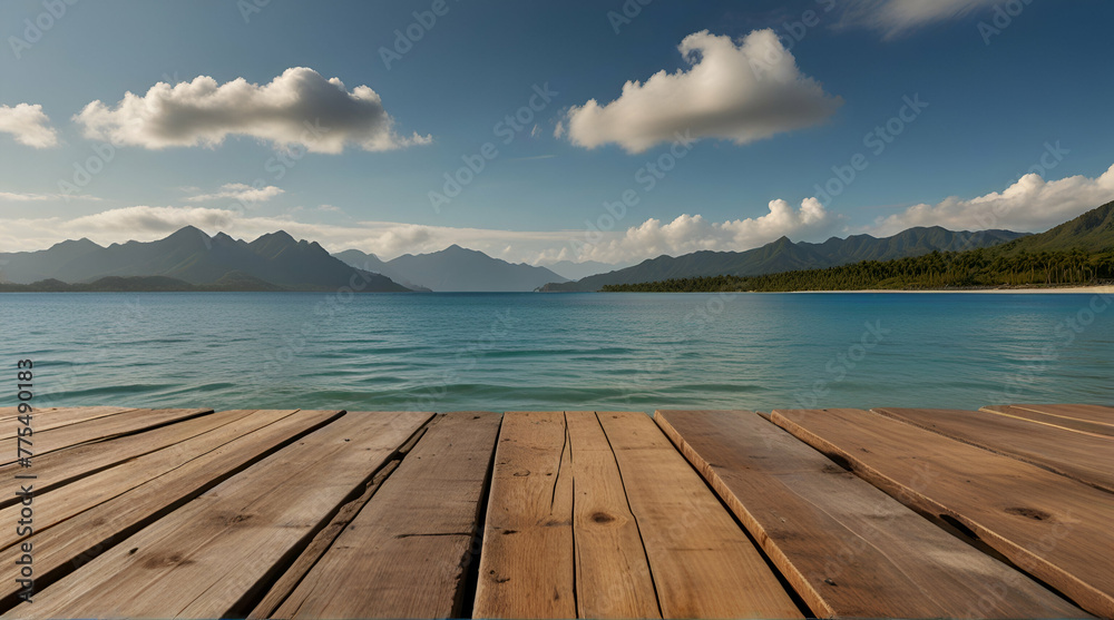 Wooden planks foreground with tropical beach and mountains in the distance. Vacation and travel concept.generative.ai