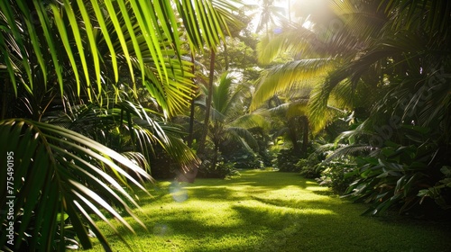 Shiny sunlight in green palm garden  Nature s view