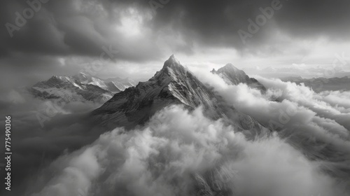 A black and white photograph of a solitary mountain peak surrounded by a sea of dark clouds with hints of fire peeking through. The aerial perspective highlights the isolation © Justlight