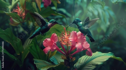 Hummingbirds flitting around a flower in the Savegre Cloud Forest. photo