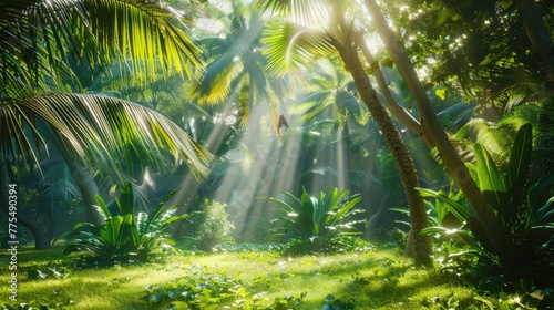 Shiny sunlight in green palm garden, Nature's view