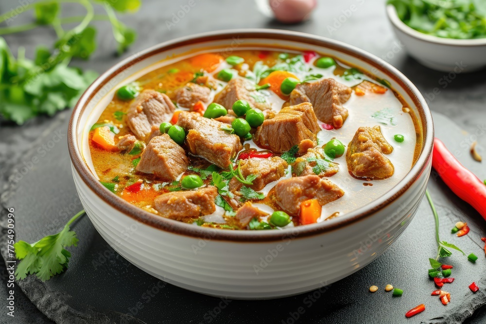 Pork Curry with ingredients pork fillet, green curry paste, coconut milk, vegetable broth, carrots dices, pepper diced, peas, fish sauce, onion chopped, soya sauce,, served in bowl Pork Curry with ingredients pork fillet, green curry paste, coconut milk, vegetable broth, carrots dices, pepper diced, peas, fish sauce, onion chopped, soya sauce,, served in bowl