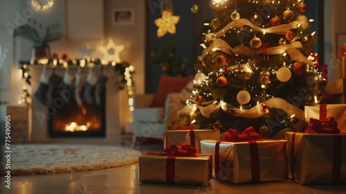 A cozy living room adorned with a Christmas tree surrounded by wrapped presents, creating a festive holiday atmosphere