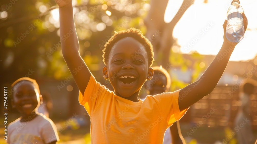 An exuberant African child holding a bottle of water in his hands An exuberant African child holding a bottle of water in his hands