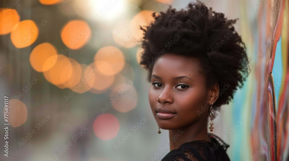 Fototapeta premium A beautiful young African American woman standing confidently in front of a vibrant and colorful wall
