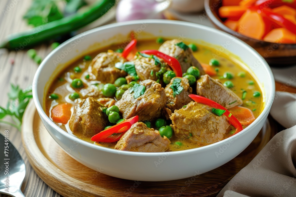 Pork Curry with ingredients pork fillet, green curry paste, coconut milk, vegetable broth, carrots dices, pepper diced, peas, fish sauce, onion chopped, soya sauce,, served in bowl