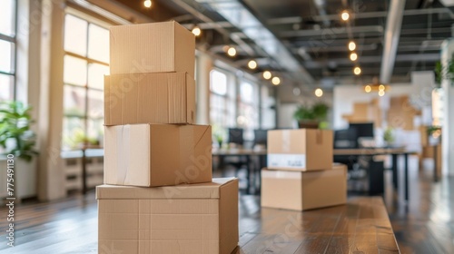A stack of cardboard boxes placed neatly on top of a wooden table in a sunny office space © tashechka