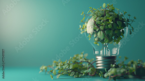 Light bulb covered with green plants against colored background.