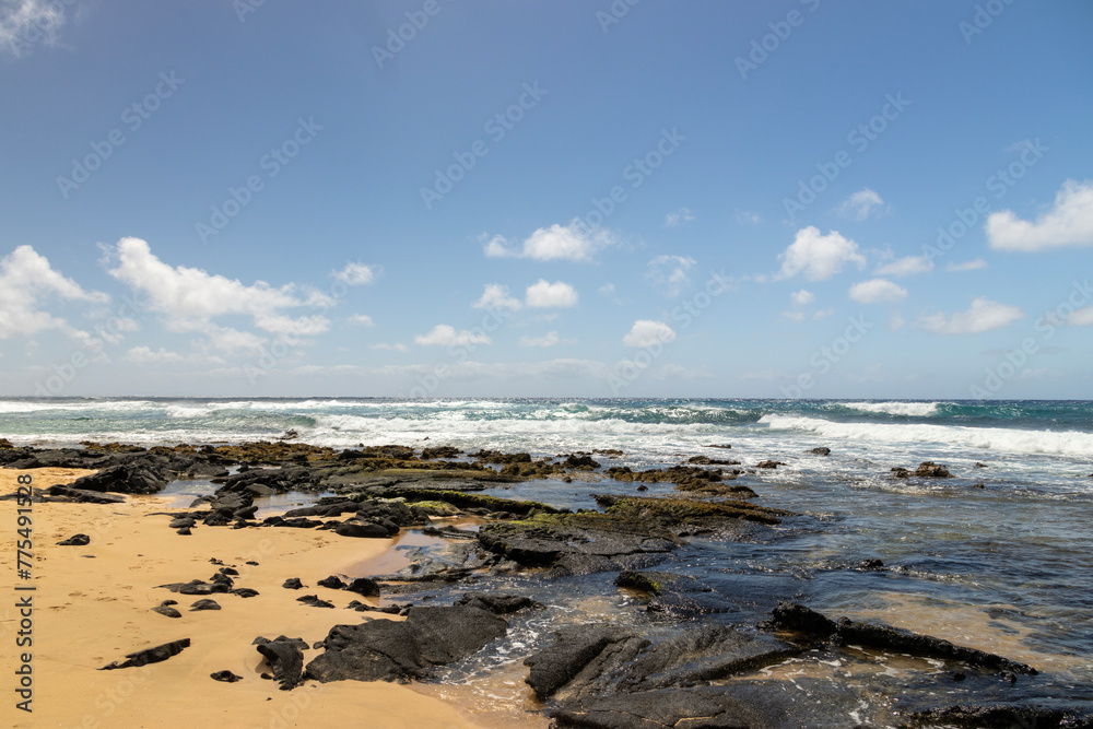a beautiful spring landscape at Sandy Beach with blue ocean water, silky brown sand, rocks covered in green algae, crashing waves, blue sky and clouds in Honolulu Hawaii USA