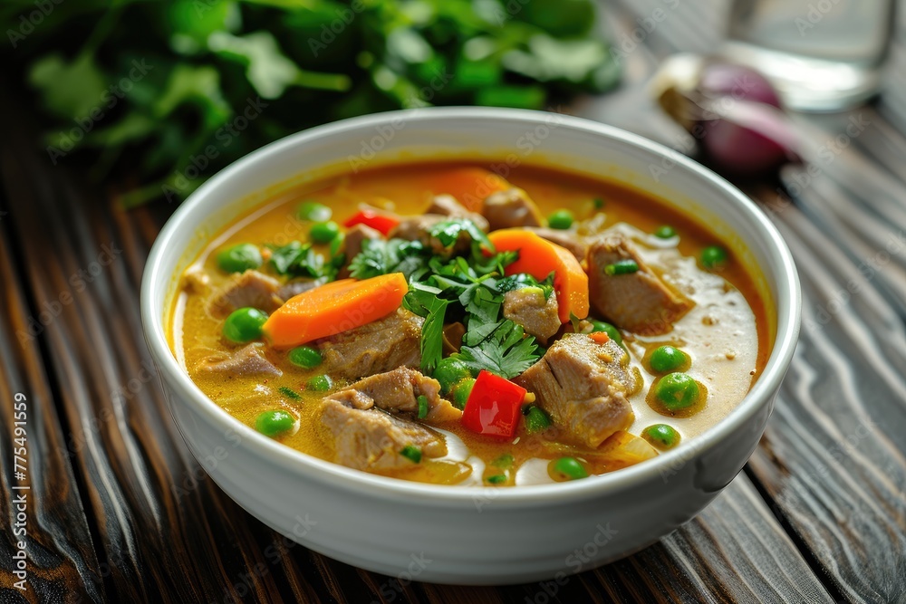Pork Curry made of pork fillet, green curry paste, coconut milk, vegetable broth, carrots dices, pepper diced, peas, fish sauce, onion chopped, soya sauce, indian cuisine, Pork Curry made of pork fillet, green curry paste, coconut milk, vegetable broth, carrots dices, pepper diced, peas, fish sauce, onion chopped, soya sauce, indian cuisine,