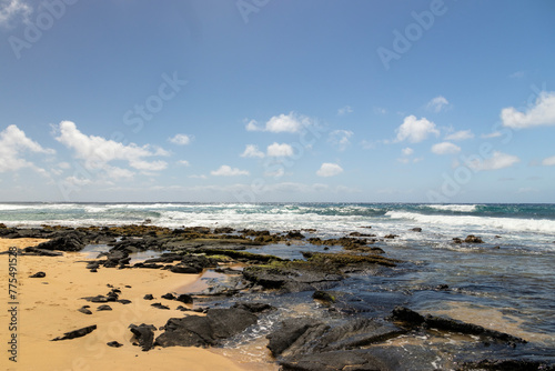 a beautiful spring landscape at Sandy Beach with blue ocean water  silky brown sand  rocks covered in green algae  crashing waves  blue sky and clouds in Honolulu Hawaii USA