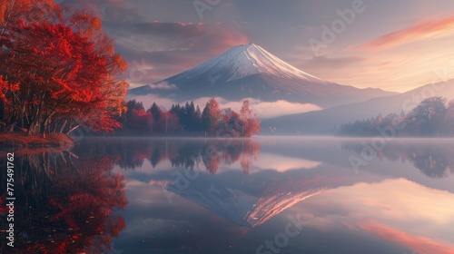 The colorful autumn season and Mount Fuji with morning fog and red leaves at Lake Kawaguchiko are some of the best places in Japan.