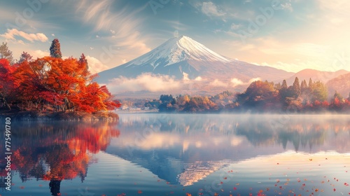The colorful autumn season and Mount Fuji with morning fog and red leaves at Lake Kawaguchiko are some of the best places in Japan.