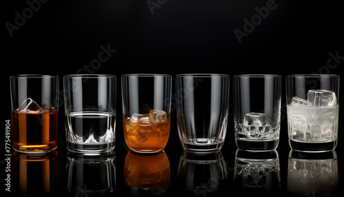 Set of Different Types of Drinking glasses isolate on dark background.	