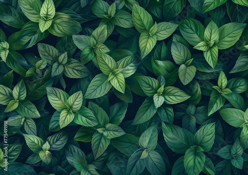 The natural pattern of mint leaves background. Close up view. Young spring leaves of the plant in park with natural light sunset.