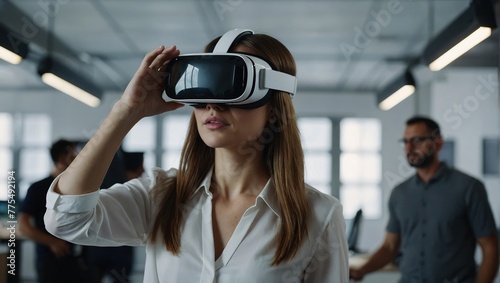 Portrait of Young Adult Female Using Virtual Reality Goggles in Creative Office, Woman Using Futuristic Augmented Reality Software for Managing Business and Marketing Project
