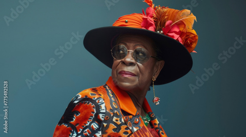 A striking Black woman embraces her ageless beauty in a bold and fashionforward ensemble sending a powerful message of inclusivity and diversity in the fashion world. . photo