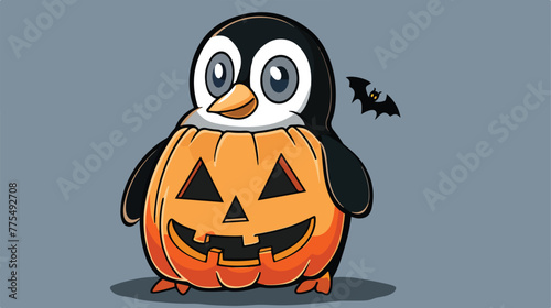 Penguin in Halloween pumpkin cartoon 2d flat cartoo