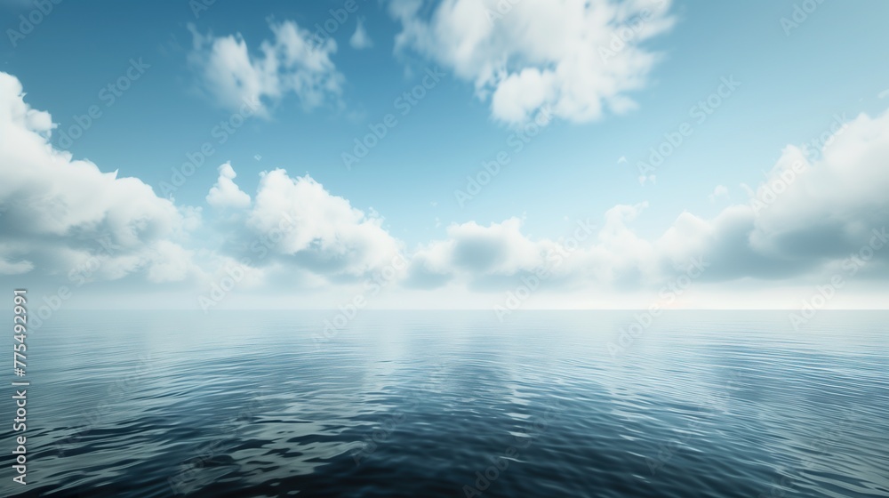 Obraz premium A daytime ocean horizon scene featuring clouds, fog, and a serene blue sky.