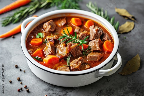 white bowl of Pork ragout made of pork cubes, celery sticks, beef broth, red wine, thyme chopped, rosemary chopped, bay leaves, carrots diced on light grey background © Muhammad Hammad Zia