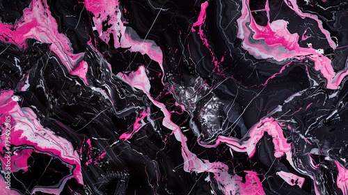 An energetic black marble texture adorned with bold streaks of white and fuchsia, crafting a backdrop that's perfect for modern and chic designs.