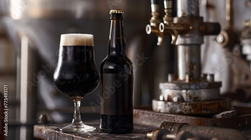 A bottle of craft stout beer next to a filled glass on a table. Brewery concept. Copy space. Mock up.