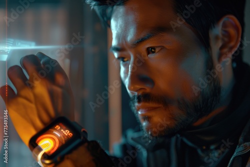Thoughtful man with futuristic holographic interface projected from his smartwatch, conceptualizing high-tech wearable technology.