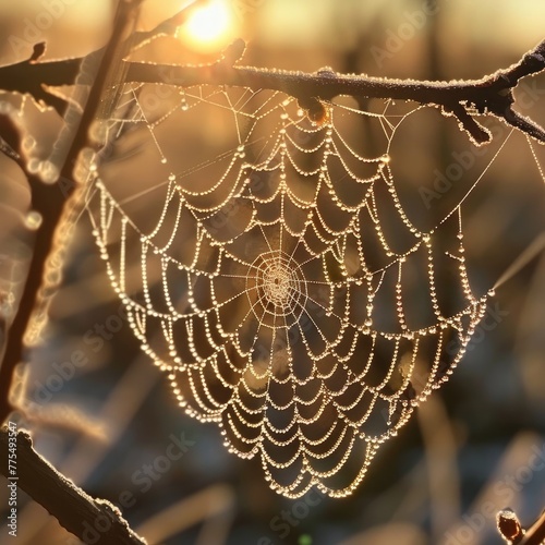 Dew-Kissed Spiderweb Basks in Morning Sunlight's Glow