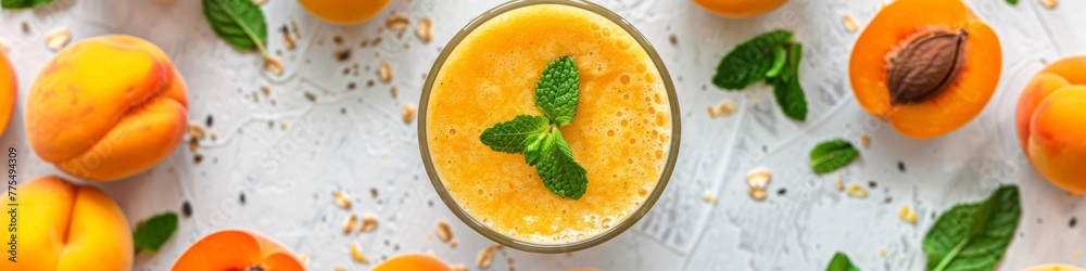 A refreshing apricot smoothie with mint garnish, surrounded by ripe apricots and leaves. Banner. Copy space. A refreshing apricot smoothie with mint garnish, surrounded by ripe apricots and leaves. Banner. Copy space.