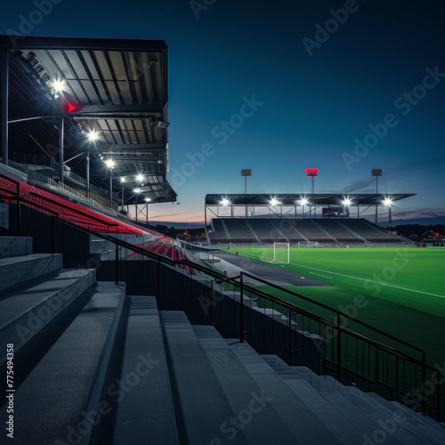 soccer stadium at night empty with lights on. photo