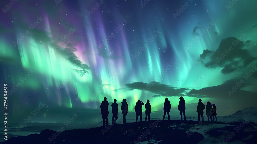 People in awe of aurora borealis celestial spectacle