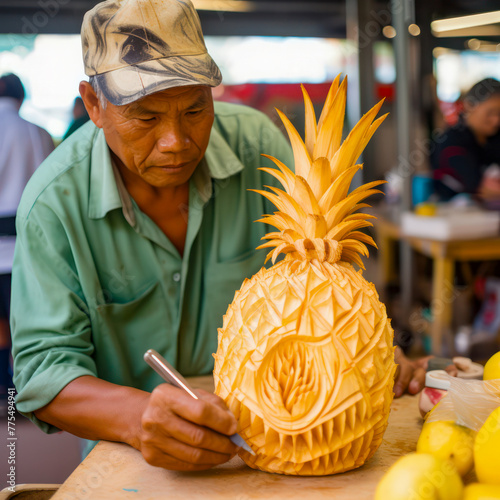 lifestyle photo pinneaple vendor carves artistic pineapplel. photo