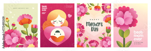 Set of Happy Mother's Day flat vector illustration in geometry style. Mom with child, flowers and abstract geometric shapes.  © littleWhale