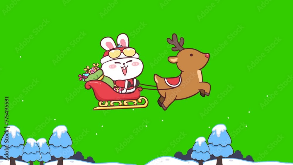 Santa Claus and reindeer animation, happy christmas rabbit on green screen Santa Claus and reindeer animation, happy christmas rabbit on green screen