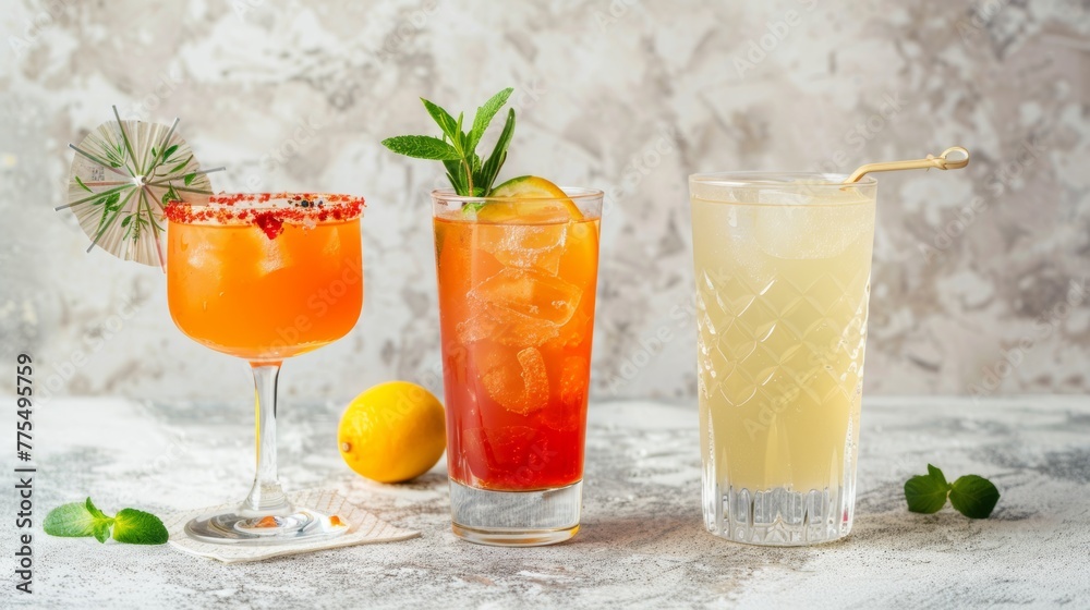 Fototapeta premium Set of multicolored summer drinks isolated grey background.