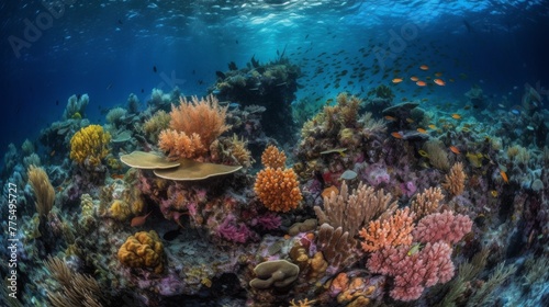 prompt "Vibrant coral reefs teeming with marine life, showcasing biodiversity and the importance of ocean conservation. Colorful, detailed, underwater perspective, highlighting the beauty and © Zhanna
