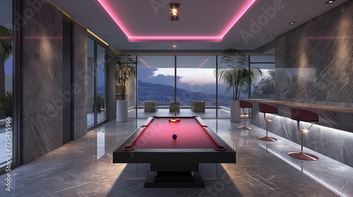 Room with green billiard table, balls, cue for pool and billiards game.Generative AI illustration photo