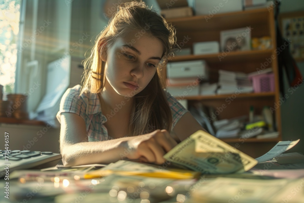 Fototapeta premium Young Woman Calculating Finances, Concerned Expression Amidst Bills and Calculators